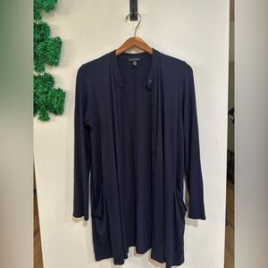 Eileen Fisher Long Open Button Down Cardigan Pockets Navy Tencel Size Small